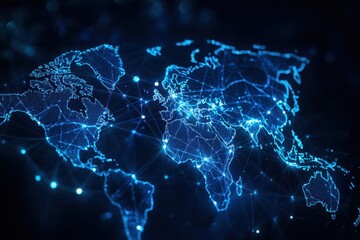 A glowing, digital world map displaying interconnected lines and nodes, representing data flow and global connectivity.