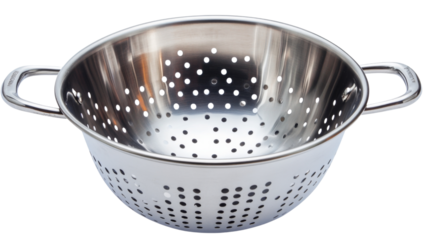 Stainless steel colander for culinary use, isolated on transparent background