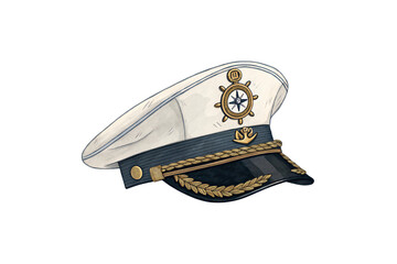 A stylized captain’s hat featuring a nautical emblem, golden embroidery, and deep blue visor, representing authority and maritime tradition. Isolated on a transparent background