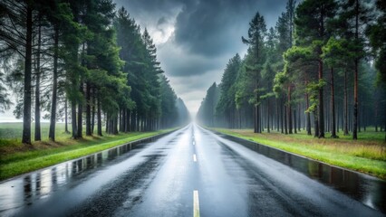 Obraz premium Serene wet asphalt road lined with tall evergreens under a dramatic sky