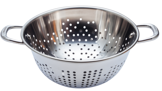 Stainless steel colander for culinary use, isolated on transparent background