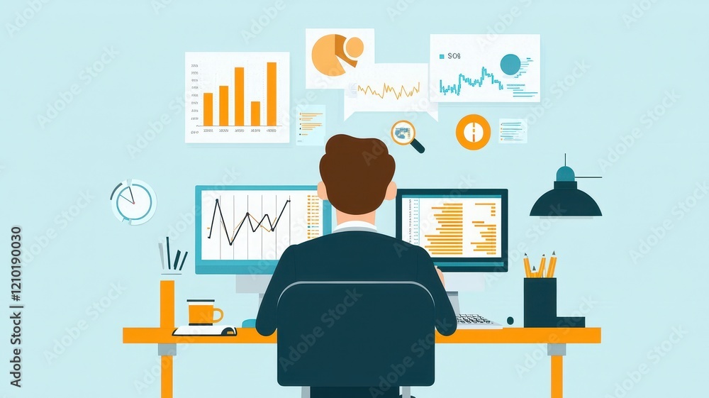 Poster a person analyzes data on dual screens surrounded by charts and graphs in a modern workspace.