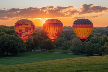 Obraz premium Balloons in the park: Capture balloons moving up against a backdrop of green parkland.