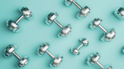 Pattern of metal dumbbells on green background image, ai generated. Fitness workout heavy inventory photography scene wallpaper. Active healthy activity equipment concept photorealistic photo
