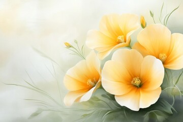 Fototapeta premium A soft watercolor painting of a zucchini plant, with delicate green hues blending into the background, accented by bright yellow flowers