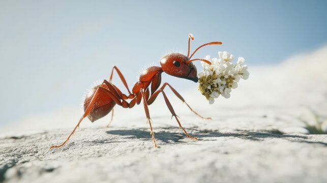 A detailed side view of a red ant carrying a small piece of food, standing out sharply against a plain white background.