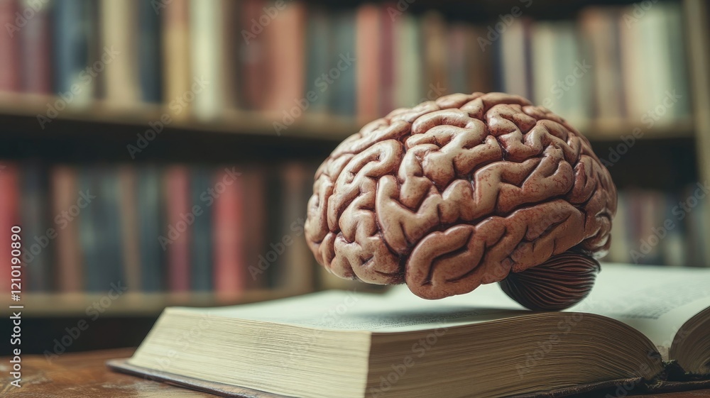 Poster model brain placed on open book in library setting