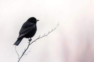 Obraz premium A solitary bird perched on a bare branch during winter, silhouetted against a pale gray sky
