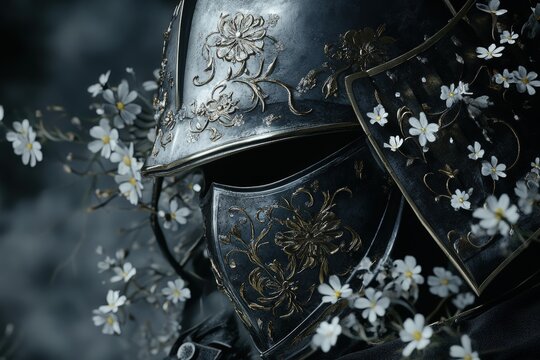 Knights helmet adorned with intricate floral patterns, surrounded by delicate blossoms, showcasing a blend of medieval armor and nature in a surreal setting.