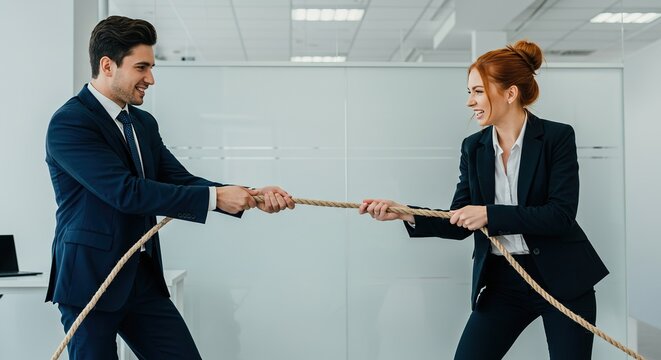 Two business professionals playfully engage in a tugofwar with a rope, symbolizing competition, collaboration, and conflict resolution in a modern office setting.