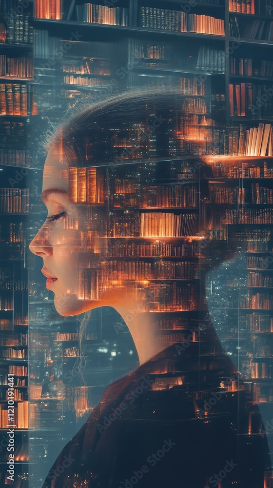 Poster surreal visualization of a glowing woman surrounded by a cosmic library at twilight