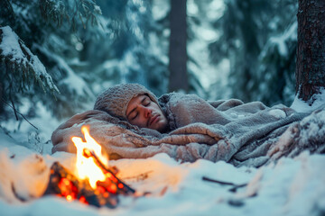 a man is laying down next to a fire in the snow with a blanket over his head and a blanket over his face