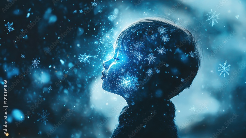 Poster surreal portrait of a glowing child amidst a winter wonderland filled with sparkling snowflakes and 