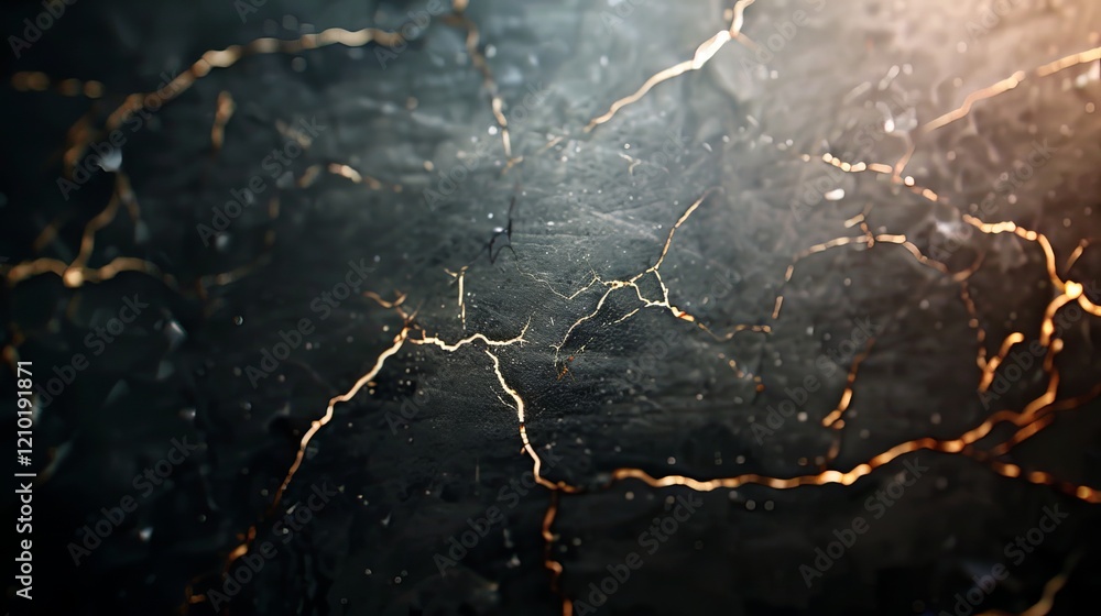 Poster close-up of a textured surface featuring intricate cracks and a shimmering gold accent, creating a s