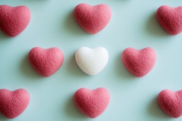 Obraz premium Pattern of red and white felt hearts on pastel blue background in grid layout