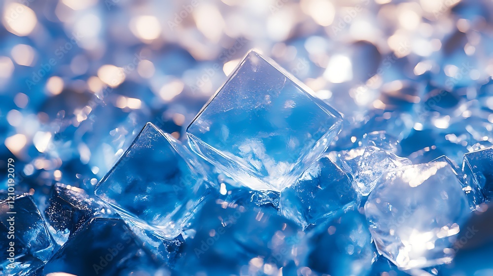 Poster ice cube close-up: shimmering blue ice cubes catch the light, their sharp edges and frosty texture c