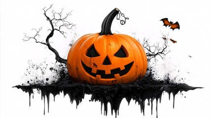 Halloweenowa dynia na tle czarnych plam i suchych gałęzi, gotycki i tajemniczy klimat.