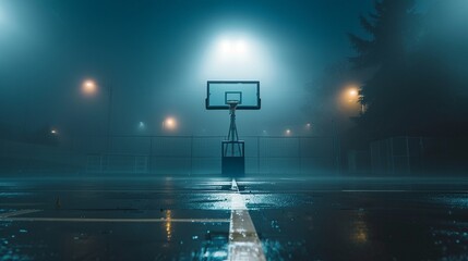 Urban basketball ground in evening city image, ai generated. Equipped sportsground in misty wet evening photography scene wallpaper. Healthy activity in urban environment concept photorealistic photo