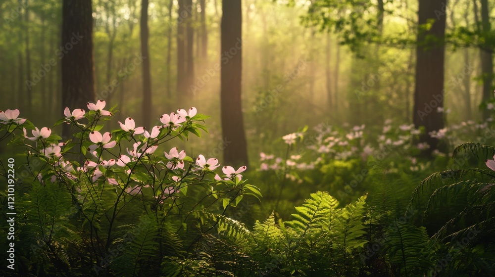 Poster Enchanting spring forest with blooming flowers and soft sunlight filtering through trees