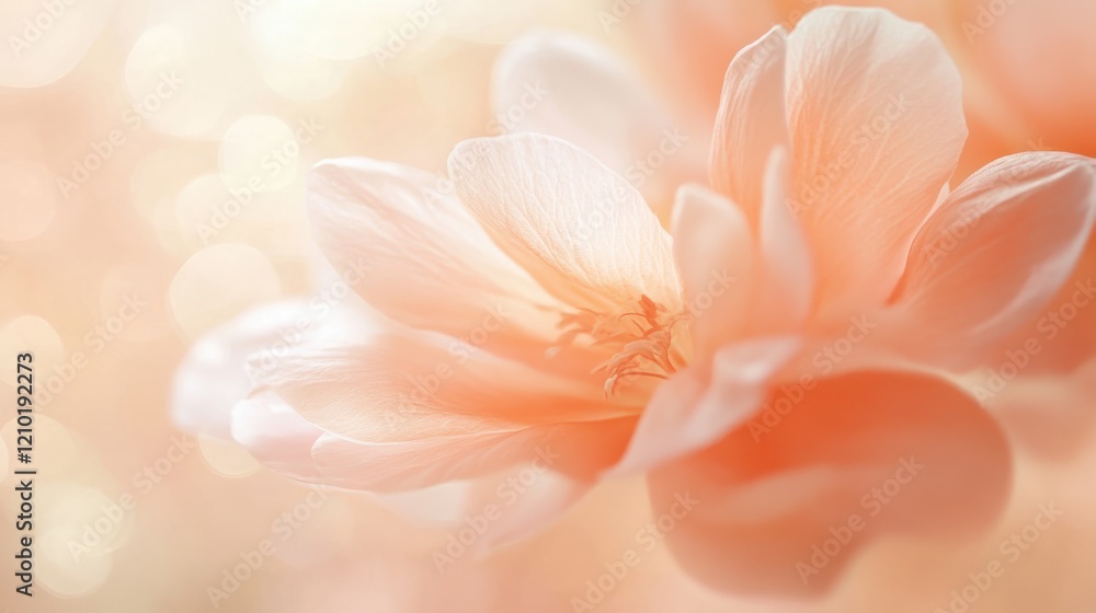 Poster Soft peach blossom with subtle bokeh background during spring in a serene garden setting