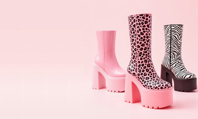 Three pairs of trendy platform boots on a pastel pink surreal background. Featuring solid pink, leopard print, and zebra stripe designs with chunky heels.