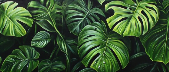 Monstera leaves, tropical foliage, and lush greenery creating a vibrant backdrop for design projects, home decor, and botanical-themed artwork or prints.