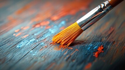 Fototapeta premium Close-up of paintbrush applying orange and blue paint strokes on wooden surface