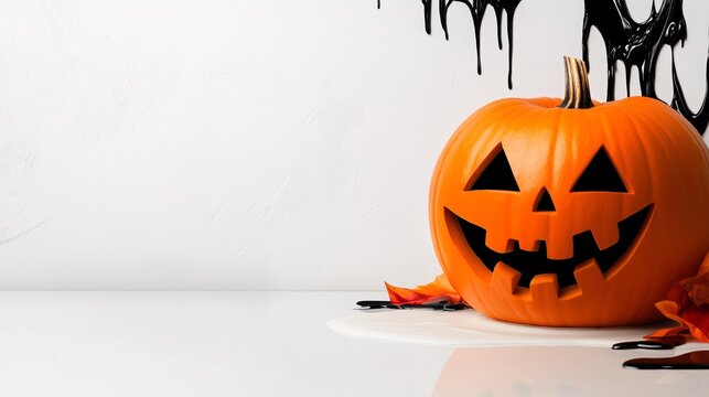 Uśmiechnięta dynia halloween na białym tle z czarną, kapryśną plamą farby i jesiennymi liśćmi w tle.