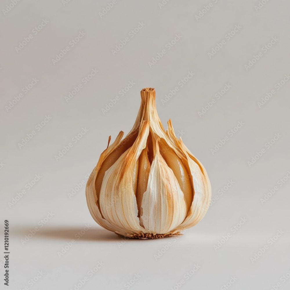 Poster roasted garlic bulb with golden hues displayed against a light background