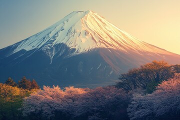 Obraz premium Mount Fuji at sunrise surrounded by cherry blossom trees, depicting Japans iconic landscape, nature beauty, and seasonal change in springtime. Adventure, travel and culture.