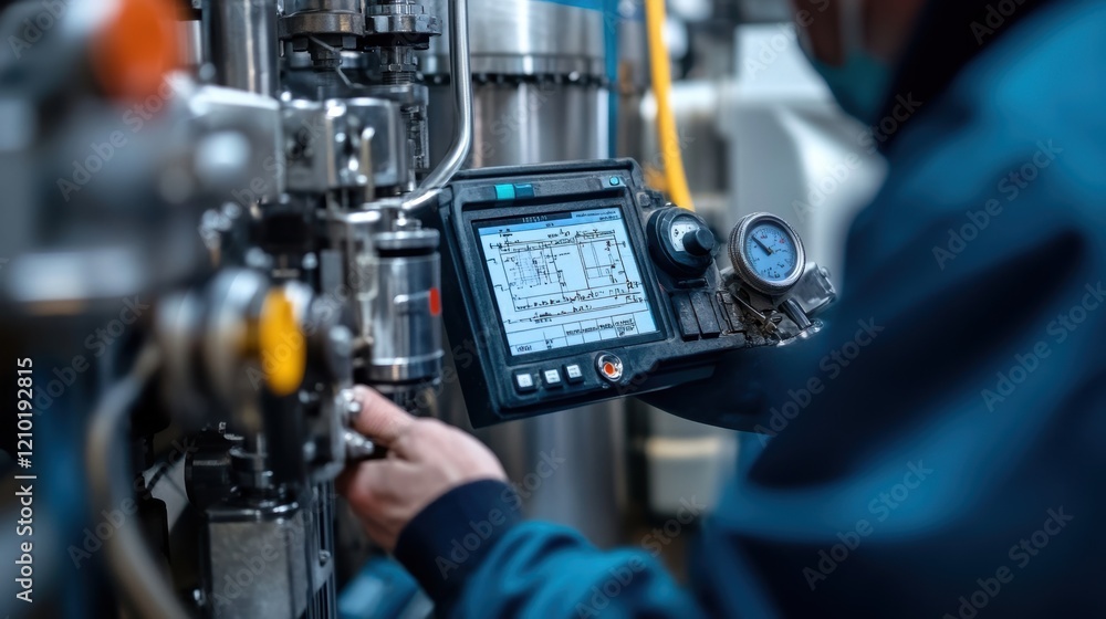Poster factory worker adjusting machinery settings, monitoring pressure gauge and digital display on contro