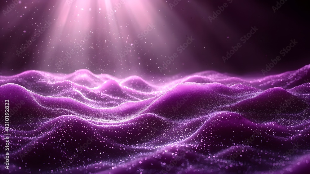 Poster Captivating abstract background with a dreamy purple gradient landscape accented by soft glowing light rays and gentle shimmering shadows creating a serene and visually stunning atmosphere