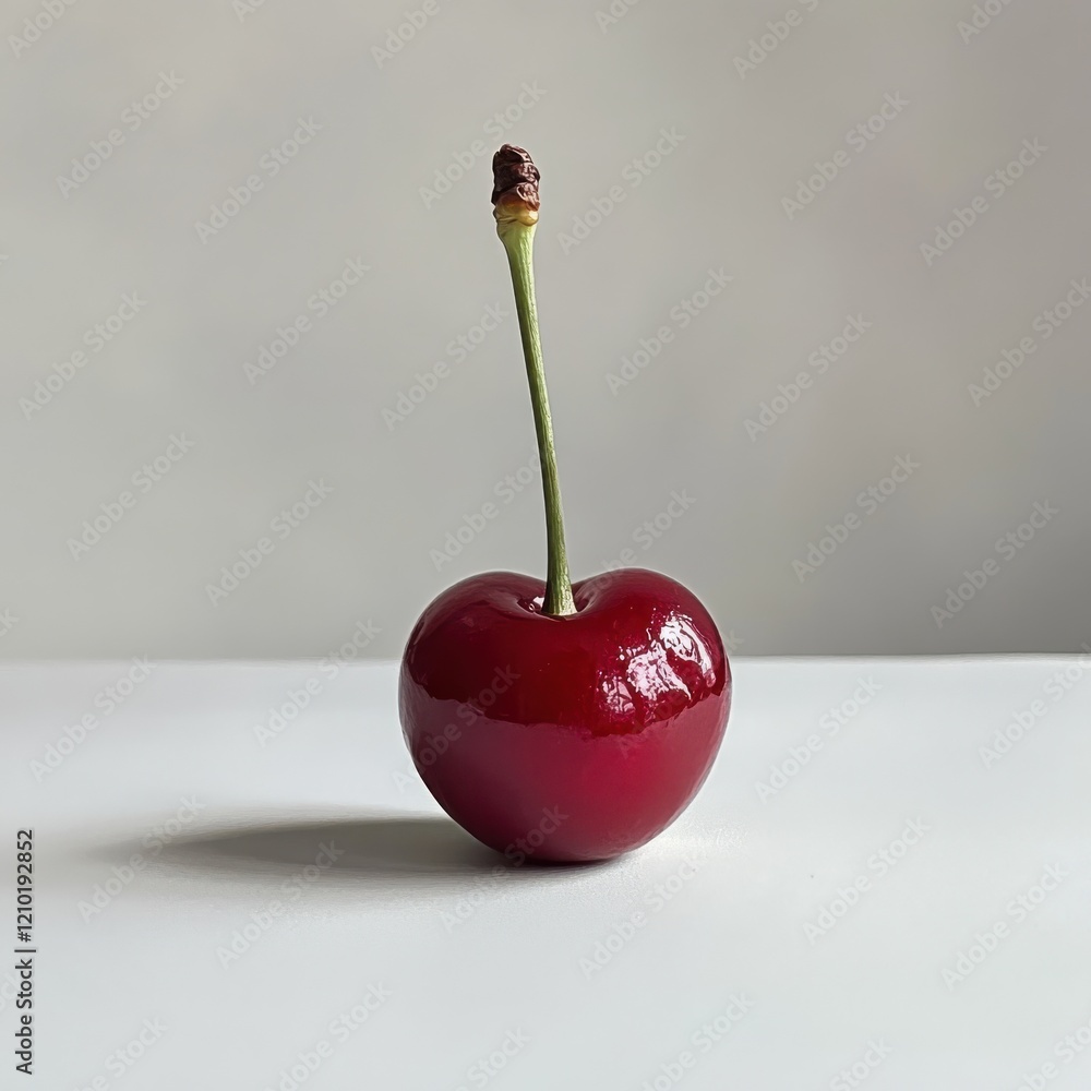 Poster ripe cherry with a glossy red surface positioned on a simple background ready for harvest and enjoym