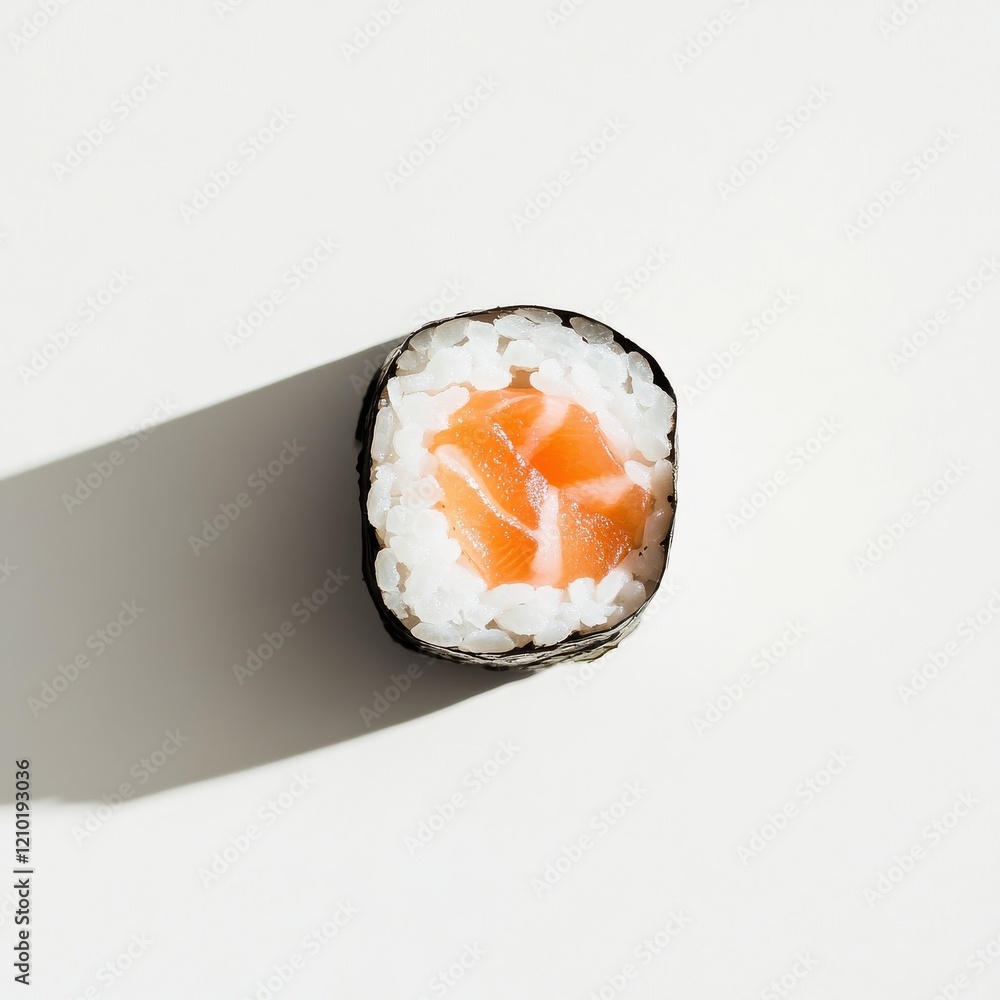 Poster sushi roll featuring white rice and salmon, presented in a minimalistic style on a light background