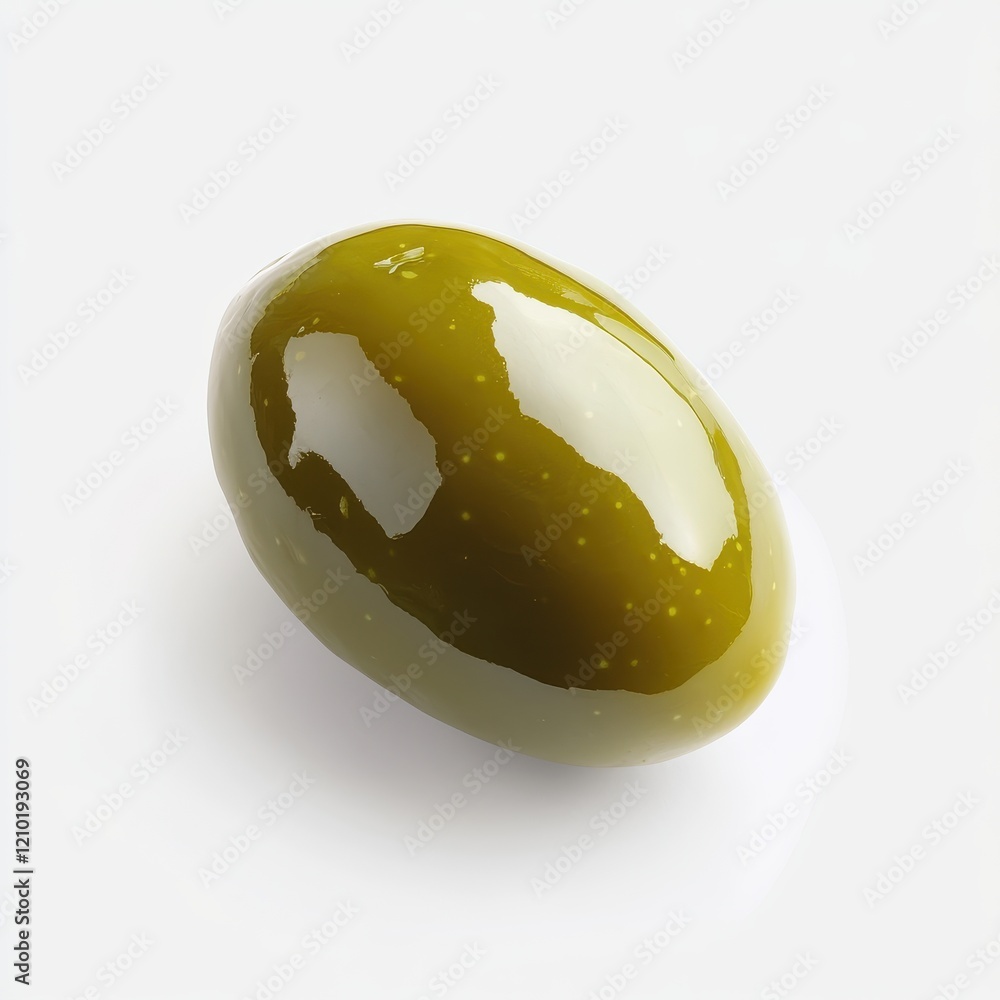 Poster single glossy green olive resting on a plain surface with subtle reflections