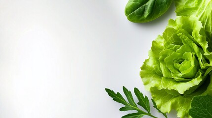 Kompozycja świeżych liści sałaty i rukoli na białym tle, minimalistyczny układ.