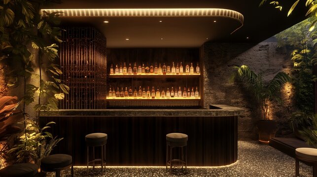 Contemporary bar with botanical theme background image. Sleek marble counter, bottle shelves, lush plants photo backdrop wallpaper realistic. Luxury interior concept photorealistic