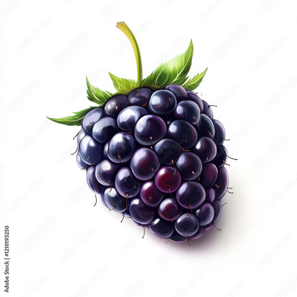 Poster fresh blackberry resting on a white surface with a shiny finish and vibrant green leaves showcasing 