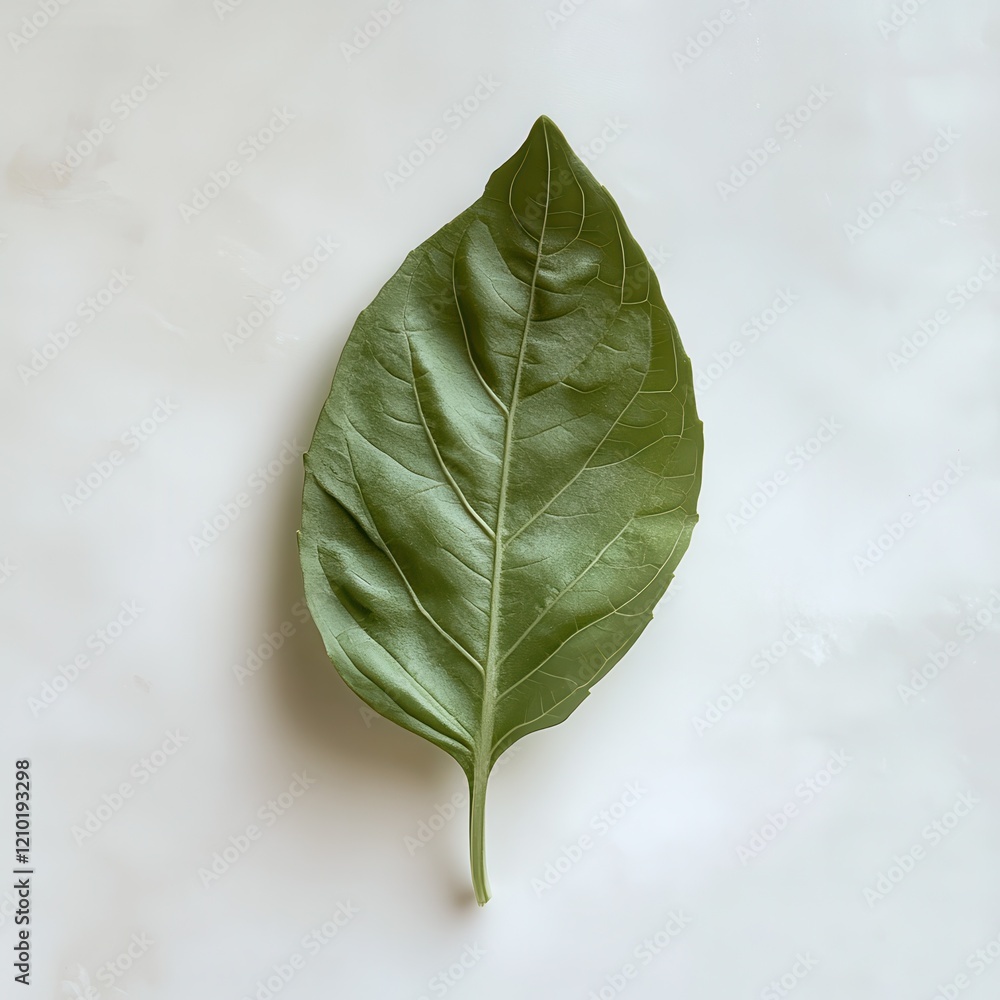 Poster fresh basil leaf lying flat on a light surface showcasing its vibrant green color and delicate textu