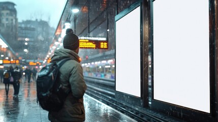 Fototapeta premium A solitary figure with a backpack strolling along a vibrant city street surrounded by lively urban scenery and architecture
