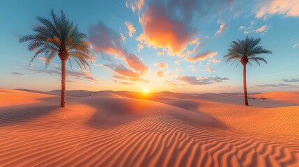 Panoramic desert landscape with dramatic dunes and a vivid sunset, great for travel inspiration, realistic 8K resolution,