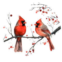 Romantic Winter Cardinals on Branch with Berries