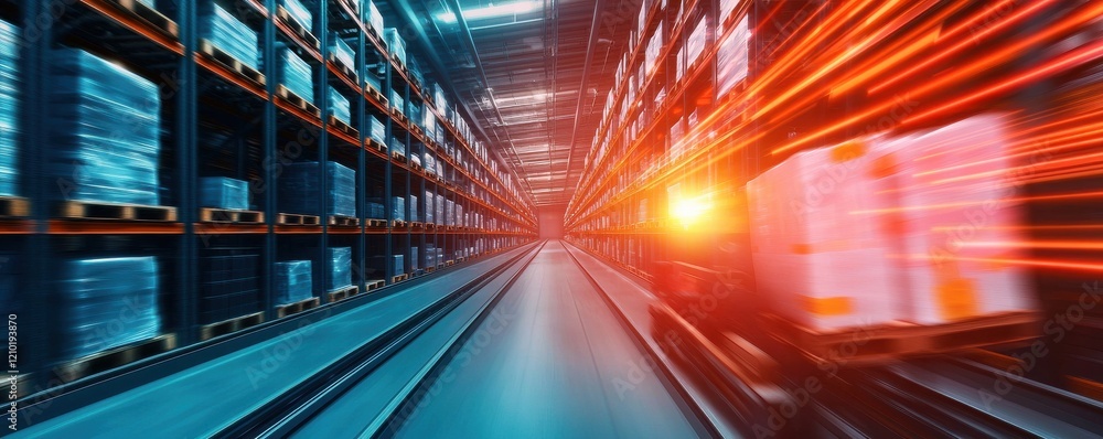 Poster a dynamic warehouse scene showcasing pallets moving swiftly along a corridor, illuminated by vibrant