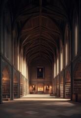 Fototapeta premium Grand Gothic Hallway: Sunlight Illuminates Ancient Bookshelves