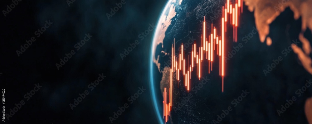 Poster a digital representation of earth with fluctuating data visualizations, suggesting themes of global 