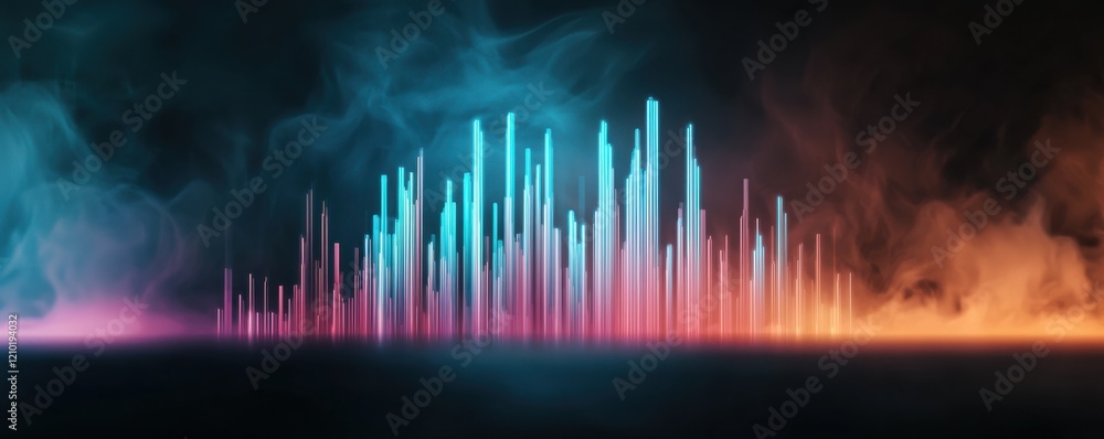 Poster a vibrant audio waveform visualization, showcasing colorful peaks and a smoky background, representi
