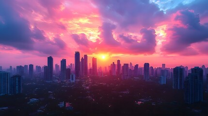 Fototapeta premium Urban rooftop view at sunset with modern skyscrapers and colorful skies, realistic 8K resolution,