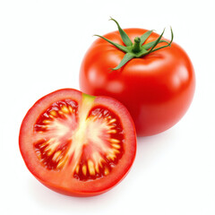 A stock photo of a fresh, juicy red tomato cut in half, isolated on a white background. Ideal for food blogs, recipes, and health-related content.