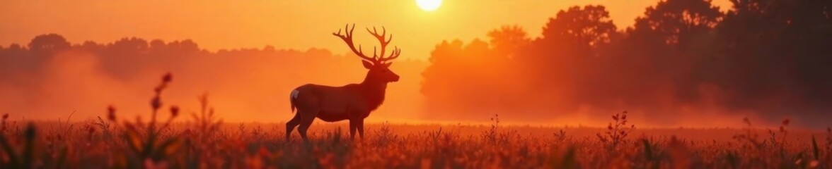 Fototapeta premium Majestic red deer with large antlers in misty meadow dawn, habitat, scotland