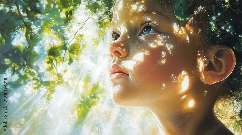 Aufkleber child's face illuminated by gentle sunlight filtering through leaves in a lush forest during daytime
